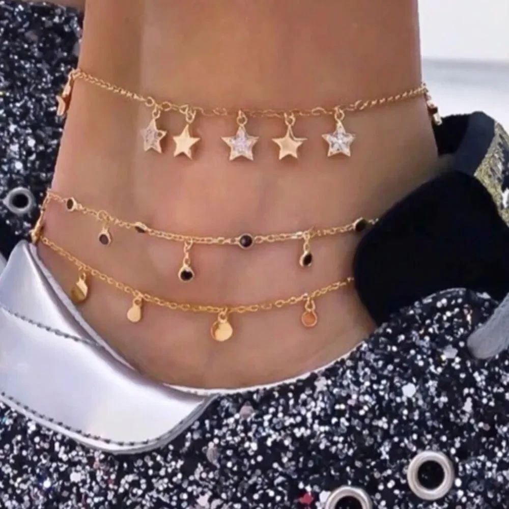 Gold Charming Stacking Anklet Set of 3 NEW